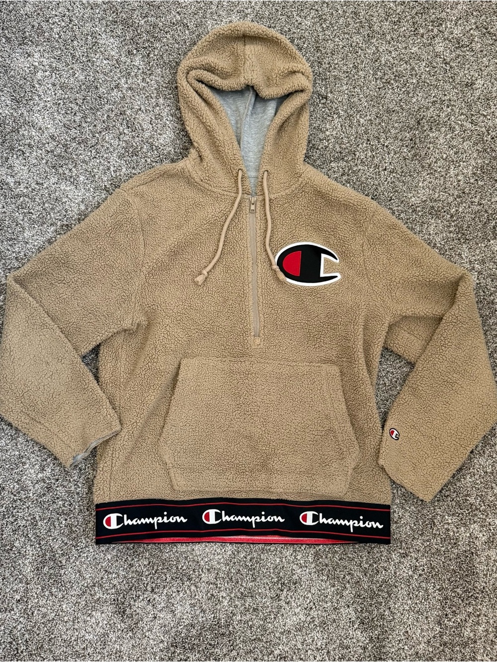 Champion Tan Sherpa Half-Zip Hoodie with Black & Red Logo Trim